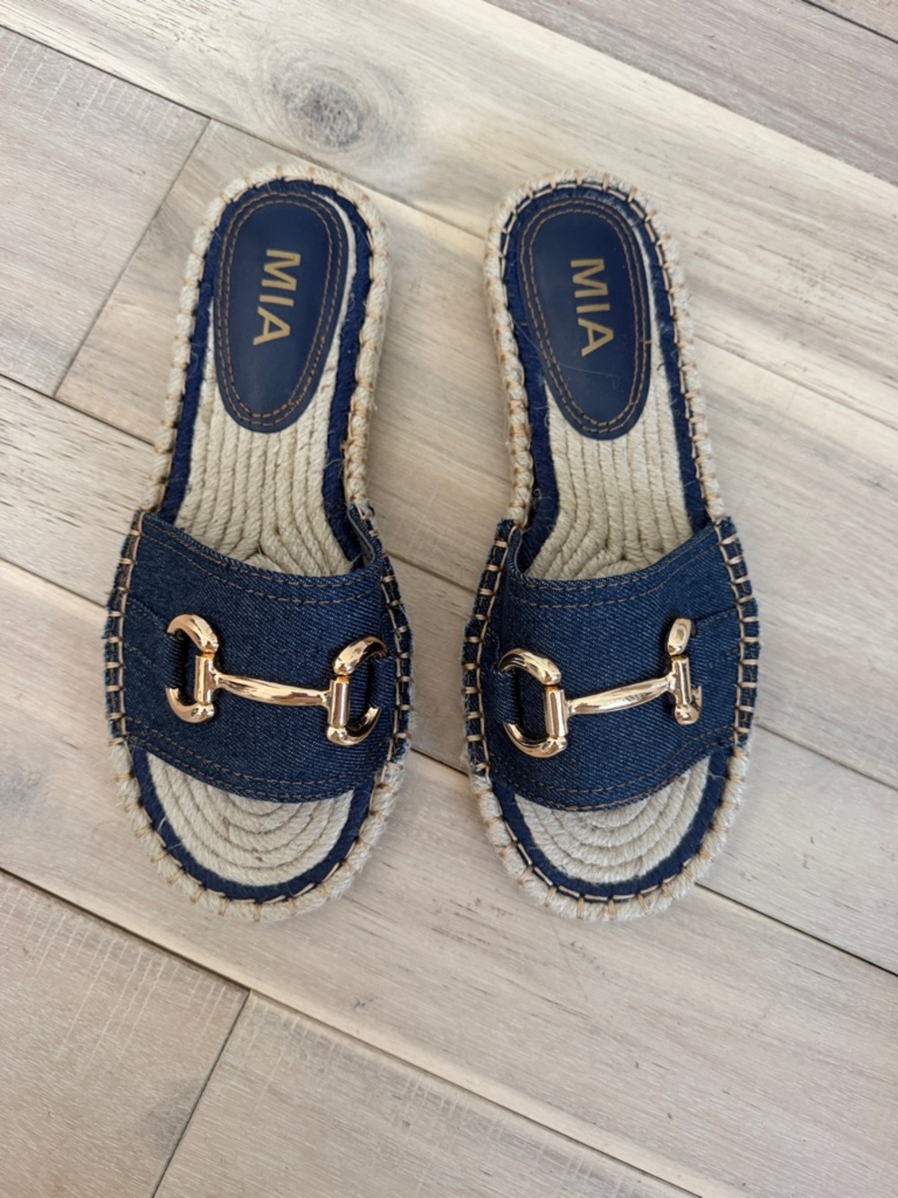 MIA Navy Slide Mules with Gold Bit Accent